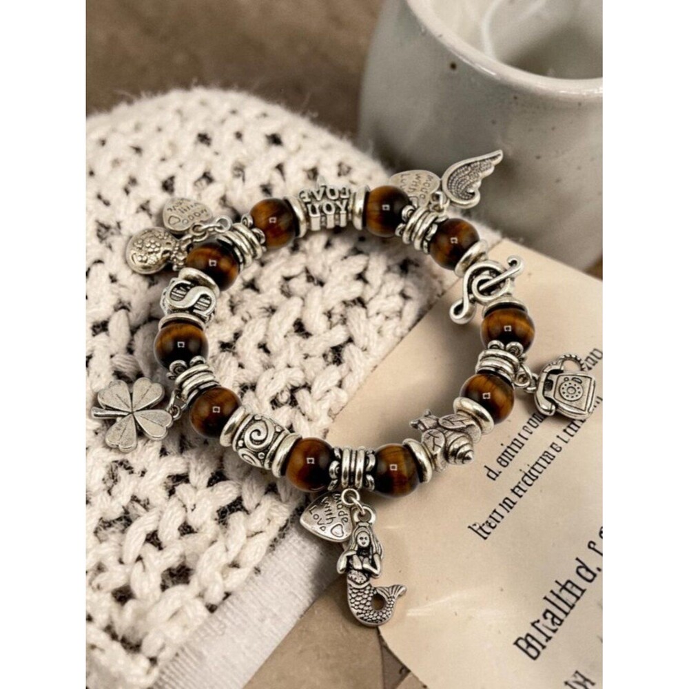 Tiger’s Eye Charm Bracelet Boho Stretch Beaded Silver Tone Mermaid Clover